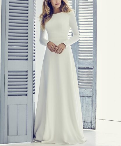 Купить Crepe A-line Modest Wedding Dress With Long Sleeves Jewel Neck Coverd Back Short Train Women Informal Bridal Gown