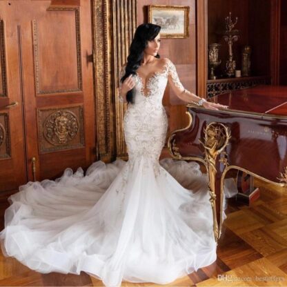Купить 2020 Sexy African Dubai Mermaid Lace Wedding Dresses Illusion Long Sleeves vestido de noiva Lace Appliques Slim Bridal Gowns Plus Size