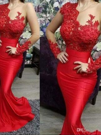 Купить 2020 Sexy Red Evening Dresses Sheer Long Sleeve Appliques Sexy Mermaid Illusion Top Satin Floor Length Vestidos de festa Formal Prom Gowns