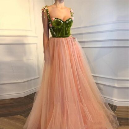 Купить 2020 Blush Pink 3D Floral Long A Line Prom Dresses Velvet Top Appliqued Girls Pageant Engagement Custom Made Party Evening Dress