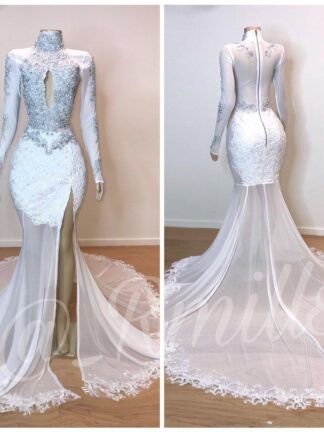 Купить 2020 Split Side Lace Long Sleeves Prom Dresses Sexy High Neck Applique Beaded Lace African Ruffles Mermaid Evening Gowns