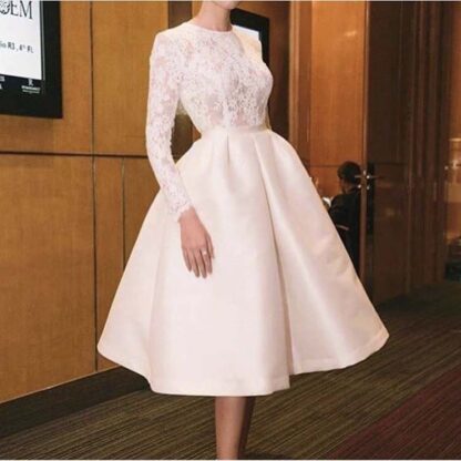 Купить Dubai Muslim Short Evening Dress Lace Jewel Neck Full Sleeves Tea Length Formal Party Dresses Gowns Vestidos