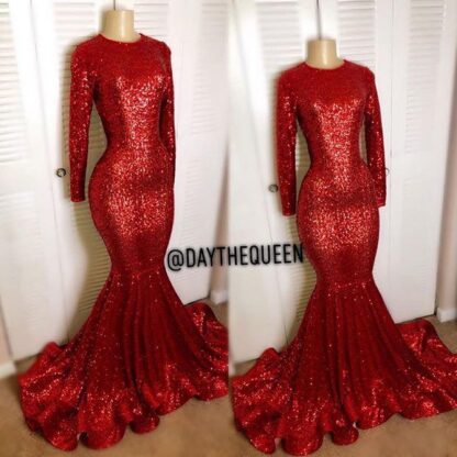 Купить Vintage Red Long Sleeves Sequins Evening Dresses 2020 Blingbling Mermaid High Neck Black Girl Prom Reflective Party Gowns