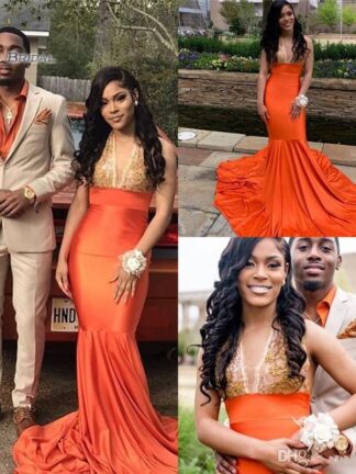 Купить 2020 Sexy African Orange V-neck Prom Dresses With Appliques Sleeveless Sweep Train Mermaid Evening Party Dress