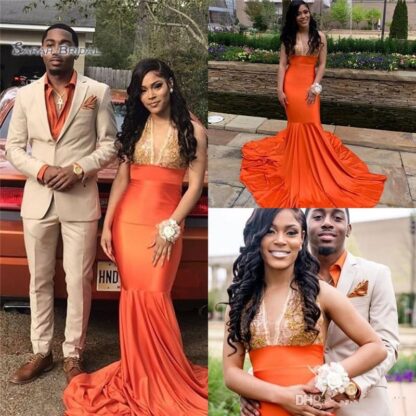 Купить 2020 Sexy African Orange V-neck Prom Dresses With Appliques Sleeveless Sweep Train Mermaid Evening Party Dress