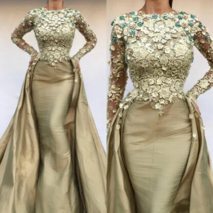 Купить 2020 Elegant Mermaid Evening Dresses With Detachable Skirt 3D Floral Appliqued Satin Prom Dress Sweep Train Custom Made