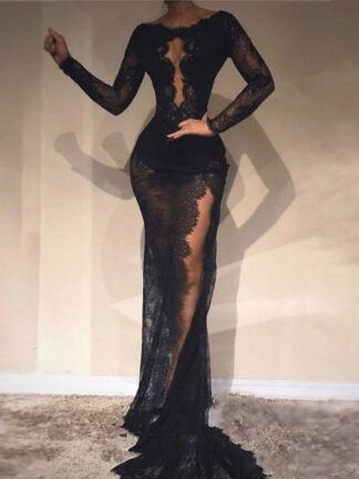 Купить 2020 New Sexy Black Lace Mermaid Prom Dresses Illusion Long Sleeve High Split Evening Dress Zipper Back Vestido de festa longo BC3584