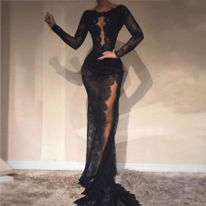 Купить 2020 New Sexy Black Lace Mermaid Prom Dresses Illusion Long Sleeve High Split Evening Dress Zipper Back Vestido de festa longo BC3584