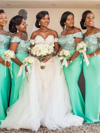 Купить 2020 Mint Green African Off The Shoulder Mermaid Bridesmaids Dresses Floor Length Sleeveless Sexy Black Girl Wedding Guest Prom Dress BM1951