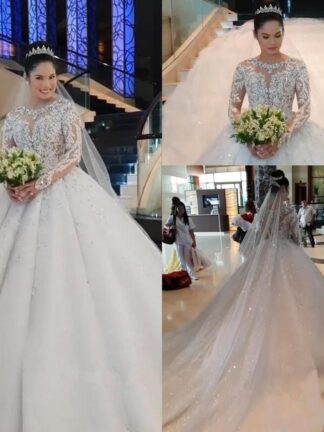 Купить Vintage Arabic Muslim Long Sleeves Wedding Dresses Puffy Ball Gowns Sheer Jewel Neck Appliques Sequins Beads 2020 Formal Bridal Gowns BC0895