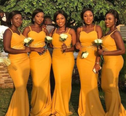 Купить 2020 African New Yellow Bridesmaid Dresses Black Girls Sexy Mermaid Spaghetti Straps Appliqued Long Maid of Honor Gowns BM1902
