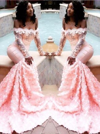 Купить 2020 Sexy African Pink Mermaid Prom Dresses Long Sleeve Black Girls Event Formal Party Evening Gowns BC1251