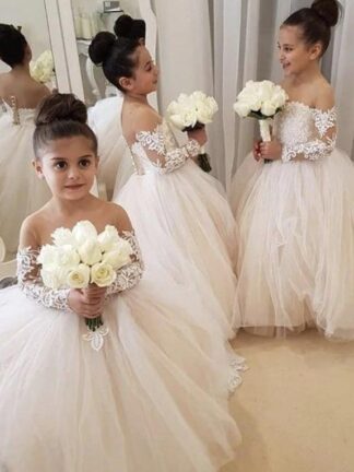 Купить Chic White Ball Gown Flower Girl Dresses Sheer Neck Lace kid wedding dresses pakistani Cute Lace Long Sleeve Toddler girls pageant dresses