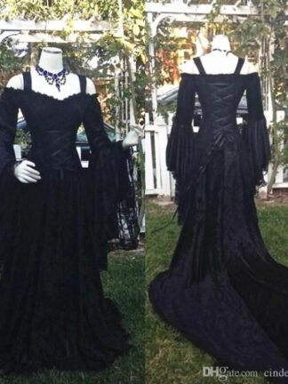 Купить Modern Gothic Sleeping Beauty Black Wedding Dresses Off Shoulder Long Puffy Sleeves Lace Corset Bodice Wedding Bridal Gowns Custom Plus Size