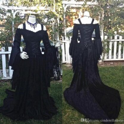 Купить Modern Gothic Sleeping Beauty Black Wedding Dresses Off Shoulder Long Puffy Sleeves Lace Corset Bodice Wedding Bridal Gowns Custom Plus Size
