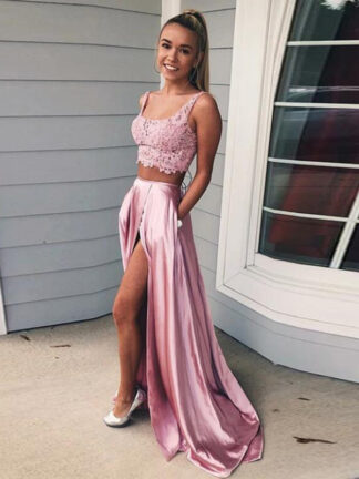 Купить Blush Pink Prom Dress Long Two Pieces Lace Evening Gown Spaghetti Strap High Side Split Satin Girl Party for Graduation