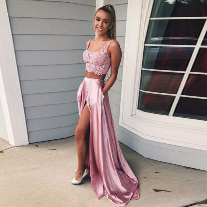 Купить Blush Pink Prom Dress Long Two Pieces Lace Evening Gown Spaghetti Strap High Side Split Satin Girl Party for Graduation