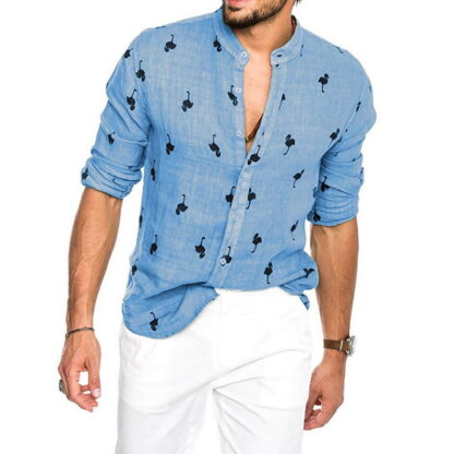 Купить Januarysnow New Hawaiian Shirt Summer Flamingo Print Men Shirt Long Sleeve Button Chemise Hombre Linen Mens Shirts Slim Fit Casual Shirts