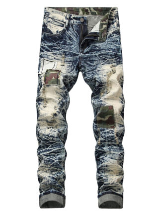 Купить Januarysnow Brand Designer Men's snow washed patchwork holes ripped jeans Plus big size vintage patch slim straight denim long pants