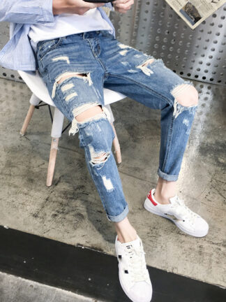 Купить Januarysnow Brand Designer 2020 Distressed Beggar Jeans Male Giant Ripped Hole Handsome Male Feet Hip Hop Streetweat Cowboy Harem Pants Men