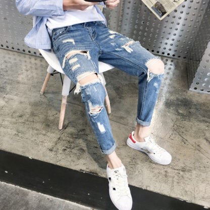 Купить Januarysnow Brand Designer 2020 Distressed Beggar Jeans Male Giant Ripped Hole Handsome Male Feet Hip Hop Streetweat Cowboy Harem Pants Men