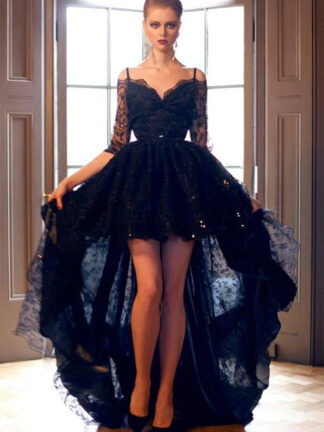 Купить Charming Black High Low Prom Homecoming Dresses with Half Sleeves Off-the-shoulder Long Asymmetry Prom Cocktail Party Gowns