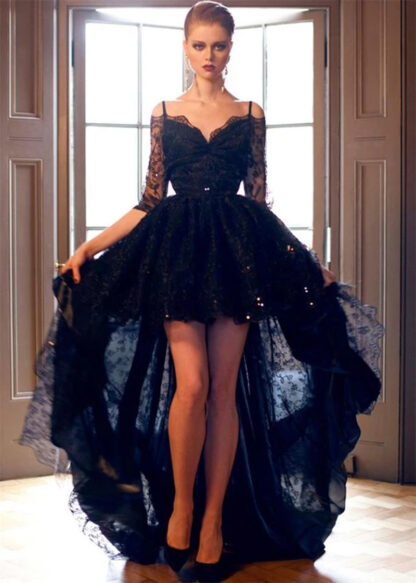 Купить Charming Black High Low Prom Homecoming Dresses with Half Sleeves Off-the-shoulder Long Asymmetry Prom Cocktail Party Gowns