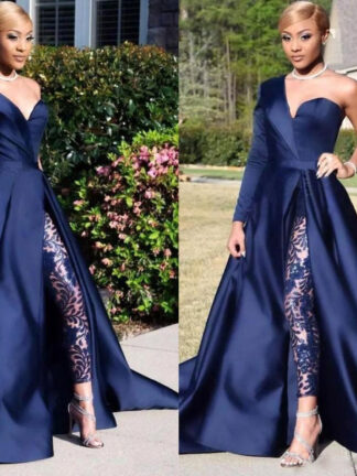 Купить Navy Blue Dubai One Shoulder Jumpsuits Formal Evening Dresses A Line High Split Long Sleeve Prom Party Gowns Celebrity Dresses