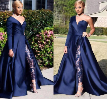 Купить Navy Blue Dubai One Shoulder Jumpsuits Formal Evening Dresses A Line High Split Long Sleeve Prom Party Gowns Celebrity Dresses