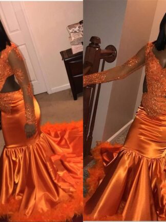 Купить Orange Sexy African Long Sleeves Mermaid Prom Dresses Beaded Appliques Dress Formal Evening Party Gown With Feather Train