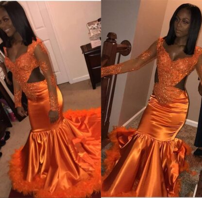 Купить Orange Sexy African Long Sleeves Mermaid Prom Dresses Beaded Appliques Dress Formal Evening Party Gown With Feather Train