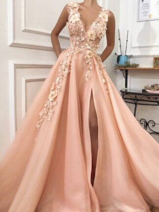 Купить Pink Prom Dress Long V-Neck Appliques Homecoming Flowers Handmade Side Split Tulle Formal Evening Gowns Girl Party