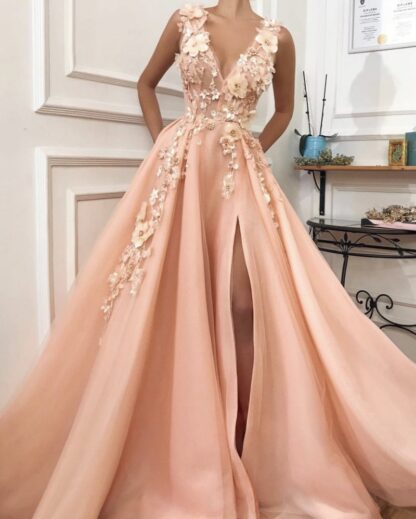 Купить Pink Prom Dress Long V-Neck Appliques Homecoming Flowers Handmade Side Split Tulle Formal Evening Gowns Girl Party