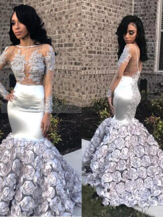 Купить Glamorous 3D Rose Flowers Mermaid Prom Dresses 2019 Appliques Beads Sheer Long Sleeve Evening Gown Silver Stretchy Satin robes de soirée