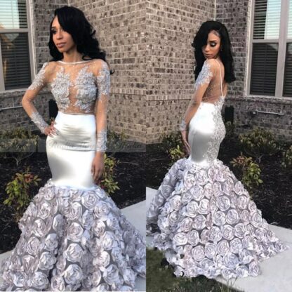 Купить Glamorous 3D Rose Flowers Mermaid Prom Dresses 2019 Appliques Beads Sheer Long Sleeve Evening Gown Silver Stretchy Satin robes de soirée