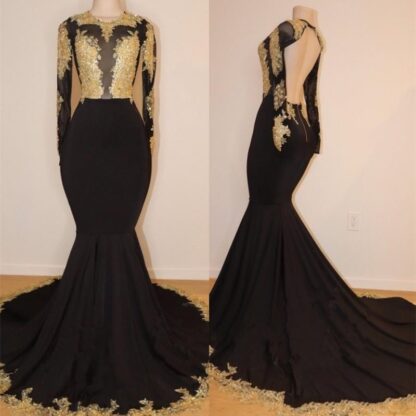 Купить 2019 Hot African Black and Gold Mermaid Prom Dresses High Neck Gold Lace Appliques See Through Open Back Long Sleeves Evening Gowns