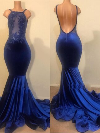 Купить 2020 Fashion Royal Blue Spaghetti Straps Velvet Mermaid Long Prom Dresses Lace Applique Beaded Backless Plus Size Evening Pageant Gowns