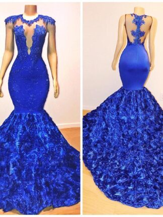 Купить Royal Blue Mermaid Prom Dresses 2020 Rose Flowers Long Chapel Train Sheer Neck Applies Beads African Pageant Dress Evening Gowns BC1059