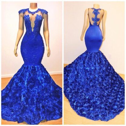 Купить Royal Blue Mermaid Prom Dresses 2020 Rose Flowers Long Chapel Train Sheer Neck Applies Beads African Pageant Dress Evening Gowns BC1059