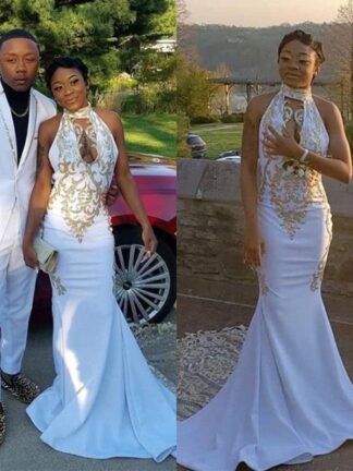 Купить Elegant White Gold Lace Appliques Mermaid Prom Dresses Halter Hollow Out Emboridery Lace Evening Gowns Custom Made BC0982