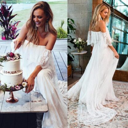 Купить Elegant Beach Boho Wedding Dresses 2019 Bohemian Backless A-line Tulle Lace Applique Off the Shoulder Short Sleeves Bridal Gown Court Train