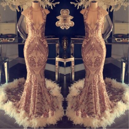 Купить Sexy Gold Sleeveless Prom Evening Dresses 2020 Sequins Mermaid Appliqued Feather Party Gown Pageant Dress Plus Size Custom BC1048
