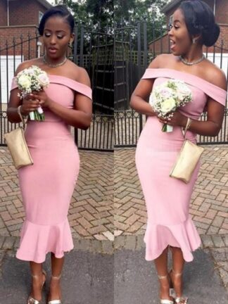 Купить Short Tea Length African Bridesmaids Dresses Off The Shoulder Sleeveless Ruched Wedding Guest Dress Cheap Bridesmaids Dress Satin Gowns