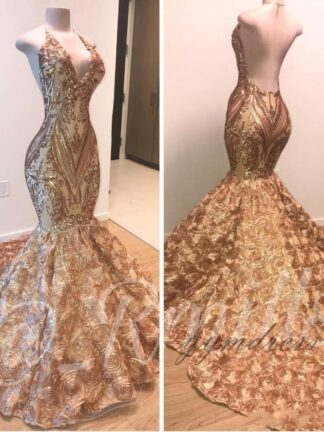 Купить 2020 Sexy African Gold Prom Dresses Mermaid Halter V Neck 3D Flowers Sleeveless Evening Dress Long Sweep Train Arabic Party Gowns BC1335