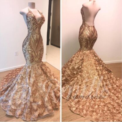 Купить 2020 Sexy African Gold Prom Dresses Mermaid Halter V Neck 3D Flowers Sleeveless Evening Dress Long Sweep Train Arabic Party Gowns BC1335