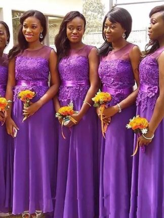 Купить Grape Chiffon Sheer Jewel Neck Bridesmaids Dresses African Lace Appliques Top Plus Size Maid Of Honor Gowns