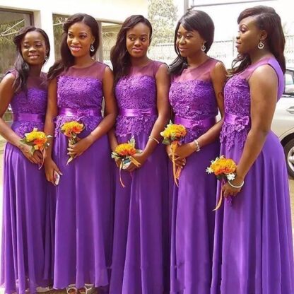 Купить Grape Chiffon Sheer Jewel Neck Bridesmaids Dresses African Lace Appliques Top Plus Size Maid Of Honor Gowns