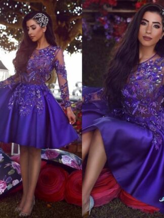 Купить Eleagnt Arabic Dark Purple Vintage Long Sleeve Short Cocktail Homecoming Dresses A Line Sheer Neck Applique Beaded Dress Prom Gowns BC1227