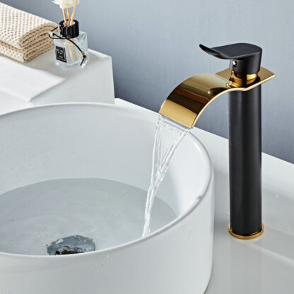 Купить Bathroom Faucet hot and cold Brass Water Sink Crane Brass Black Gold Basin Faucet Waterfall Sink Faucet Single Handle water tap