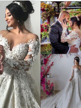 Купить Luxury Ball Gown Wedding Dresses 2020 vestido de noiva long robe de mariage Custom Made Lace Pearls Bridal Gown Long Sleeves